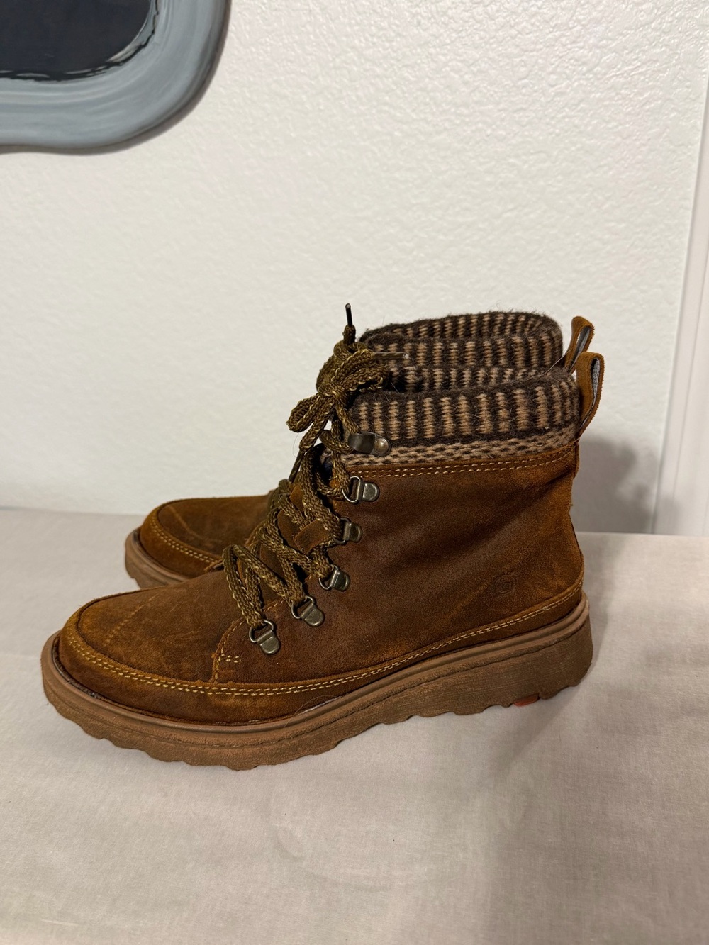 Born Brown Suede Lace-Up Ankle Boots with Knit Collar